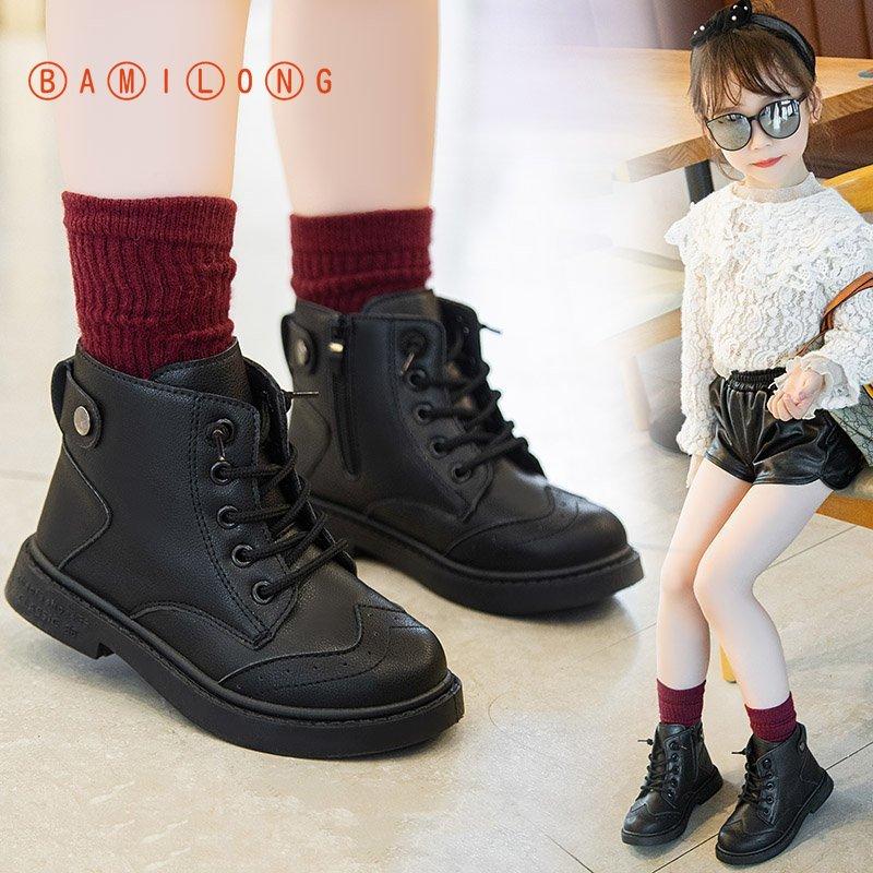 

BAMILONG Autumn Kids Girls Boots PU Leather Lace Up Kids Boots Comfort Non Slip Children Ankle B308, Black