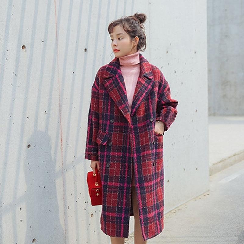 

Bella Philosophy Winter Vintage Plaid Blends Woolen Coat Casual Loose Long Temperament Lapel Single-breasted Blend Wool Coats, Blue