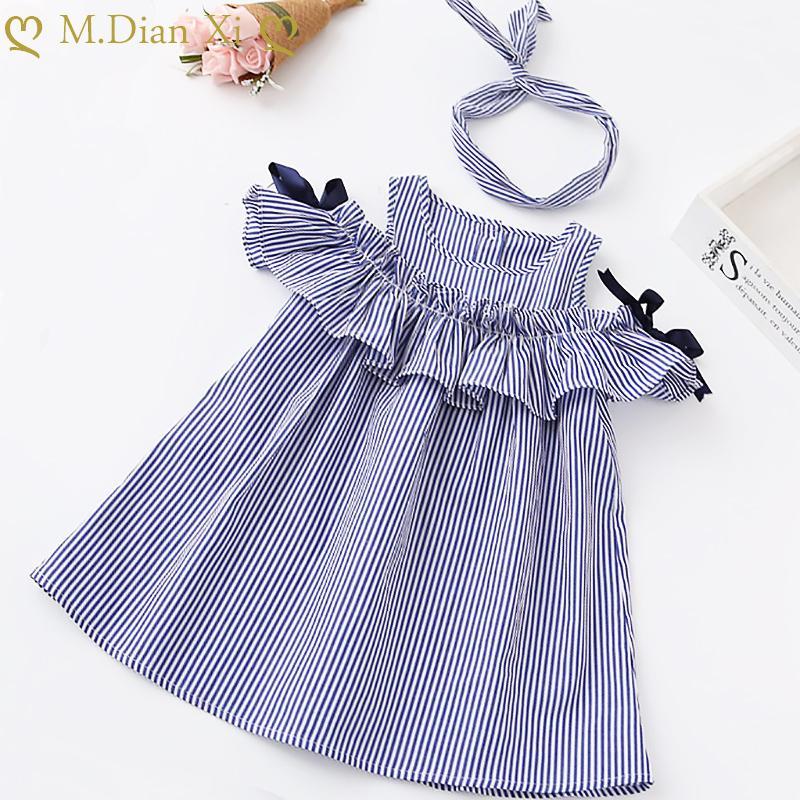 

Girls Clothing Dress Toddler Kids Baby Girls Cute Birthday Clothes Blue Striped Off-shoulder Ruffles Party Gown Dresses+Headband1, D06