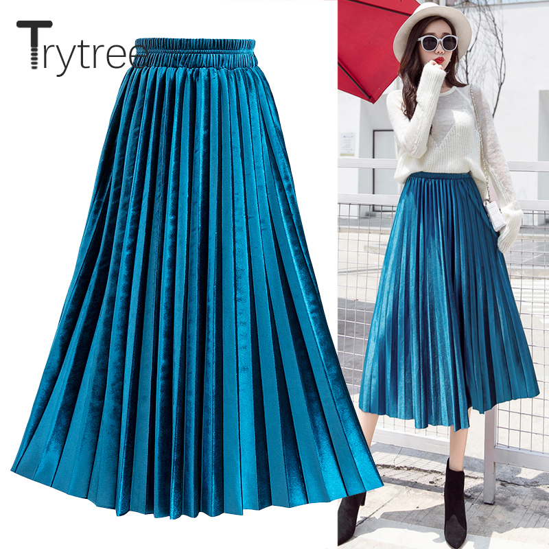 

Trytree Summer Autumn Pleated Skirt Womens Vintage High Waist Skirt Velvet Corduroy Long Skirts Fashion Metallic Skirt Female 201110, No.27 purple