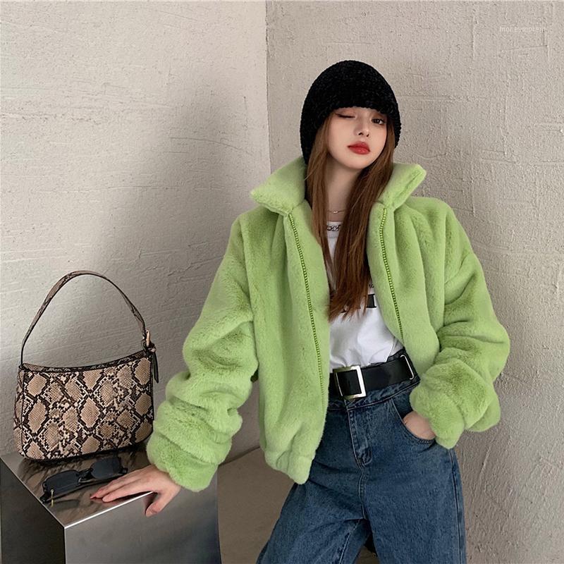 

Women Jacket 2021 New Autumn And Winter Short Fleece Loose Zipper Female Thick Coat Teenager Girl Korean Style Black Green 111