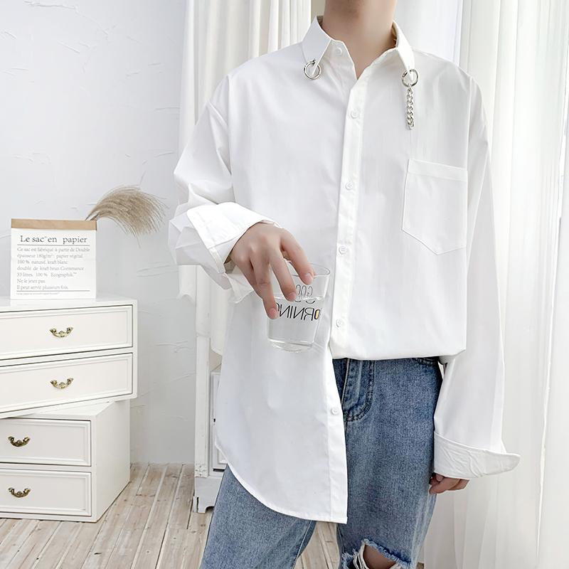 

Men Long Sleeve Metal Chain Loose Casual White Shirts Male Hip Hop Streetwear Punk Party Dress Shirt