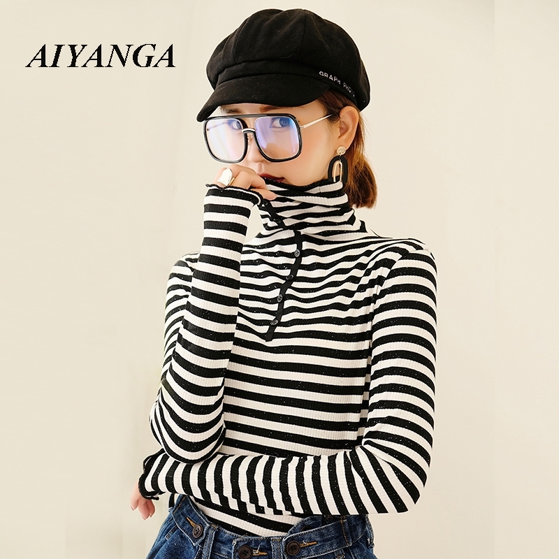 

T shirt Women Autumn Fashion Striped Female T-Shirt Tops blusa feminina Casual Basic Single-breasted Turtleneck Lady Tees Y200109, Black