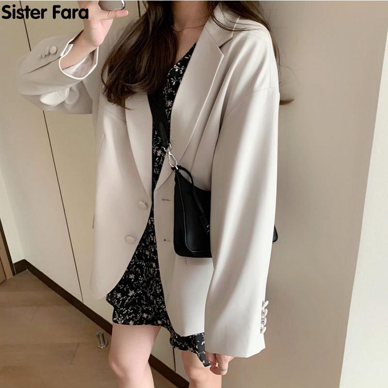 

Sister Fara Spring Autumn New Woman' White Blazers Coat V-Neck Loose Long Double Button Harajuku Office Lady Jacket Coat Top