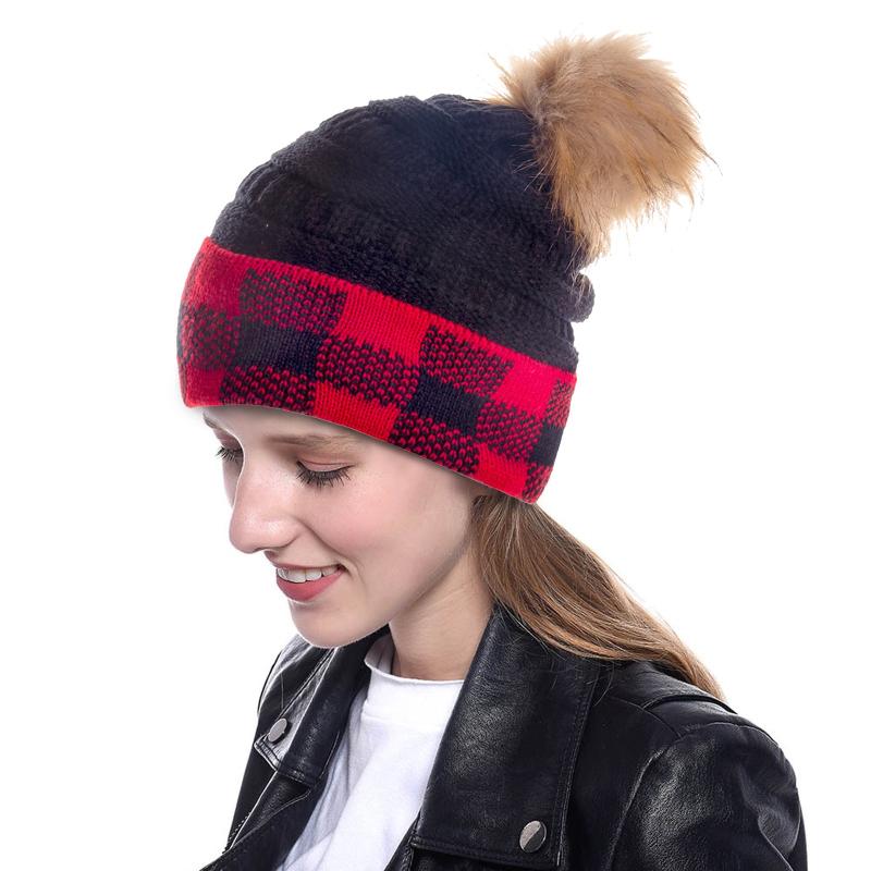 

Winter Brand Female Fur Poms Hat Winter Hat For Women Girl 's Knitted Beanies Cap Thick Women Skullies Beanies #T1P, Black