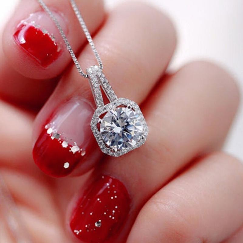 

Fashion Women Simple Inlay Crystal Necklace Classic Gem Square Pendant Long Necklace Charm Lady Jewelry Gifts