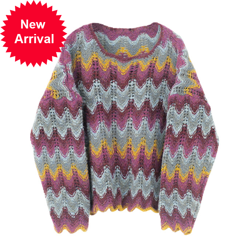 

Oversized winter striped color mohair-neck hollow fashion out crocheted female harajuku C-026 sweater, Multi