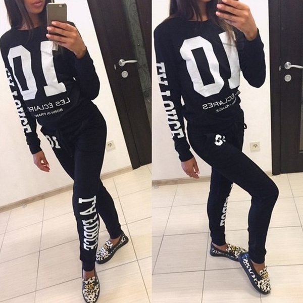 

New Autumn Tracksuit For Women Ladies Casual Letter Print Sweatshirt + Long Pants 2 piece Hoodies Set Black Grey