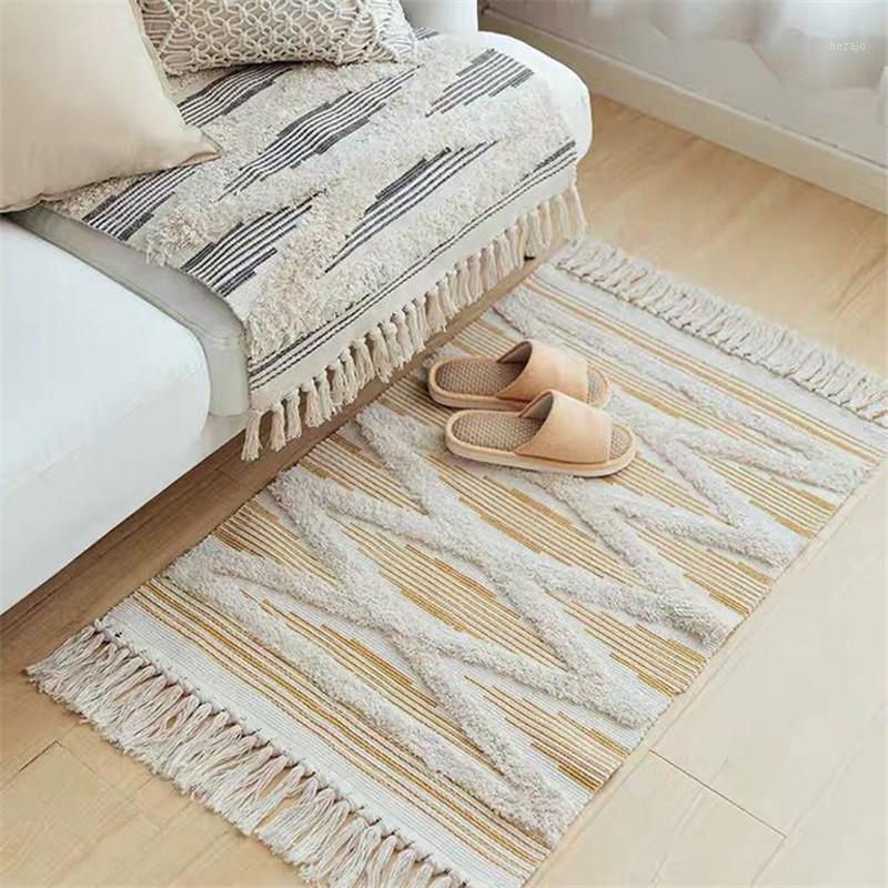 

60x90cm Tassel Retro Bohemian Carpet Hand Woven Cotton Linen Carpets Rug Bedside Floor Mat Living Room Bedroom Carpet Home Decor1, European