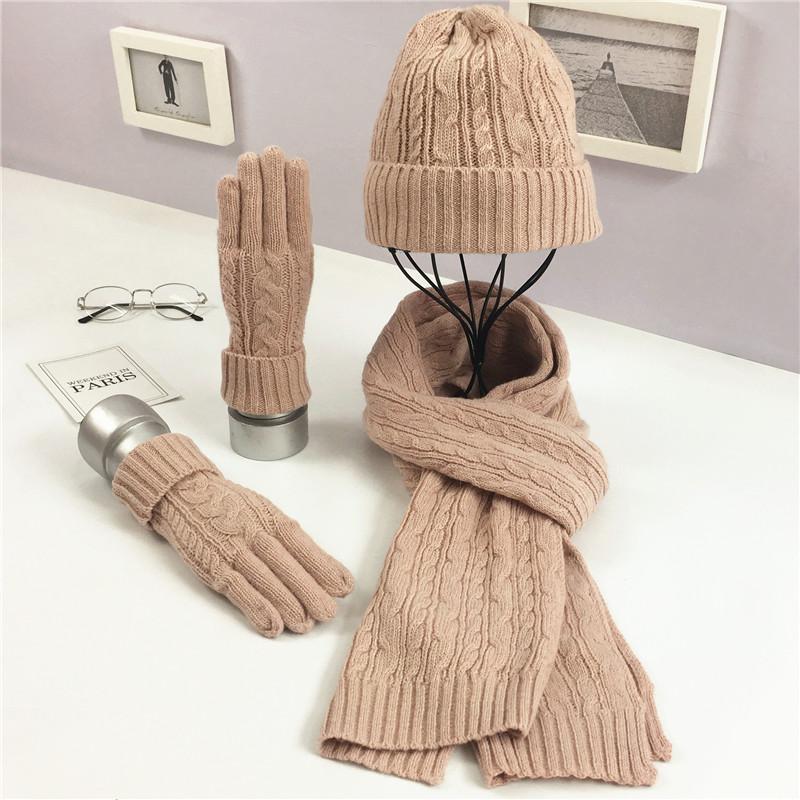 

Women's Knitted Wool Scarf Hat Gloves Three-Piece Sets 2020 Winter Fashion Warm Long Thick Solid Color Scarf Female