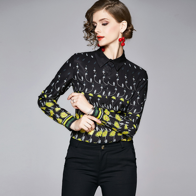

2021 New Fashion Designer Runway Flower Daisy Print Single-breasted Shirts Women Blusas Casual Spring Autumn Top Office Ladies Shirt 91sj, As picture