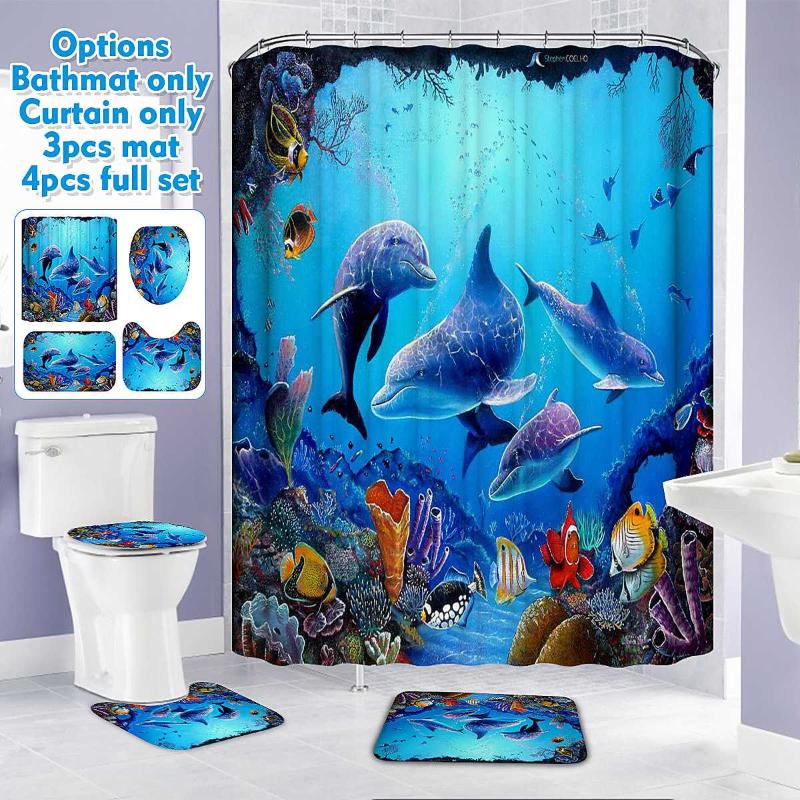 

Ocean Dolphin 3D Shower Curtain Set Polyester Waterproof Curtains for Bathroom Non Slip Pedestal Rug Lid Toilet Cover Bath Mat