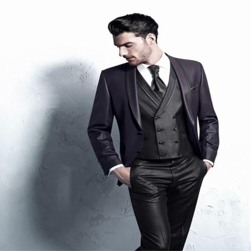 

TPSAADE The Latest Coat Pants Designs Purple And Charcoal Satin Groom Tuxedos Italian Style Men Wedding Party Costumes 3pcs s16, Custom made