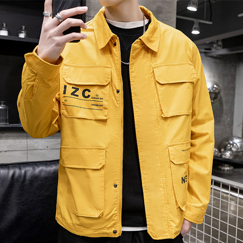 

Casual jacket for men with letter print bomber jacket for men spring autumn coat for men Solid Color Jackets Male, Yellow