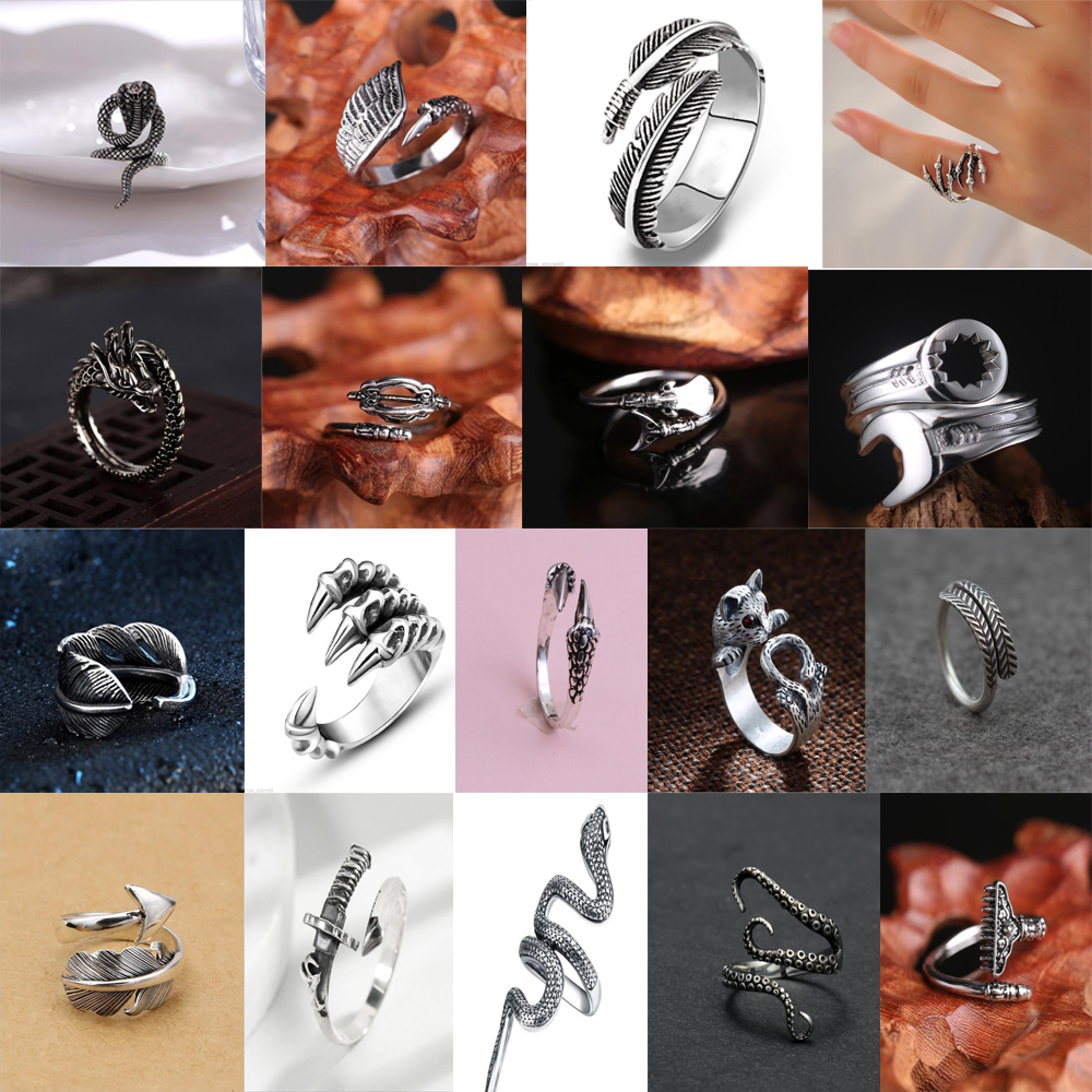 

Fashion Retro Men Punk Stainless Steel Jewelry Snake Feather Biker Band Rings Men Hip Hop Dragon Claw Evil Eye Silver Open Cluster Ring, As pic