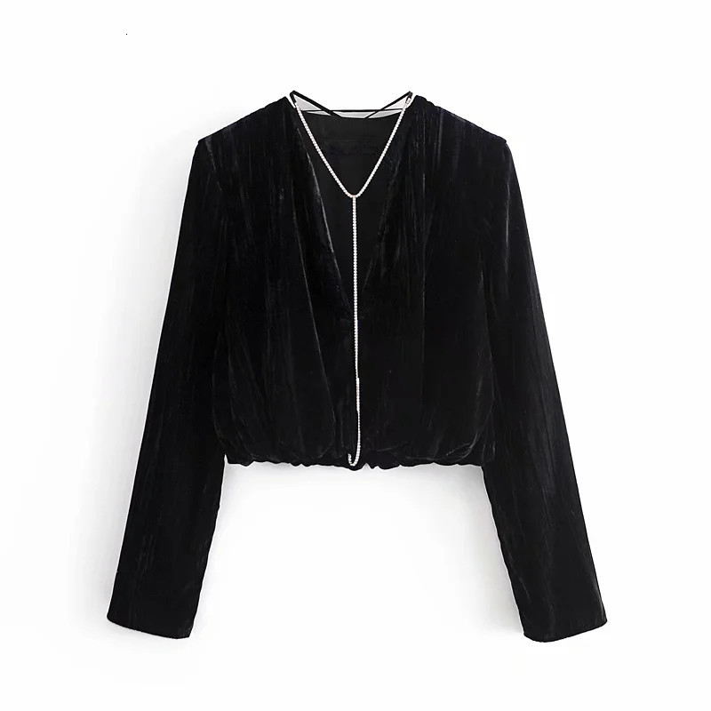 

New Black Velvet Crop Women Blouse 2021 Fashion Diamant Appliqu Tie v Neck Long Sleeve Top Female Sexy Streetwear 33w1