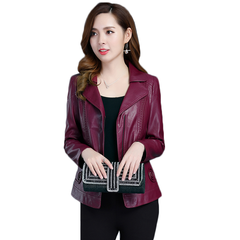 

2021 New Plus Size Clothing L-6xl Autumn Winter Middle Aged Women's Pu Coat Ladies Faux Leather Red Biker Jacket 51 9hwx, Wine red