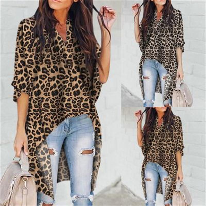 

Half Batwing Sleeve Women Plus Size Irregular Shirt Loose Leopard V-Neck Chiffon Shirts Fashion Sprint Autumn Elegant Blouse Top, Gray leopard