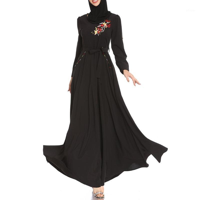 

Women's Swimwear Lady Muslim Women Black Embroidery Loose Long Sleeve Round Neck Festival Dress Hijab Evening Fake 2 Pieces Islamic Clothes1