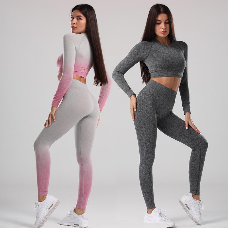 

Seamless Yoga Set 2 Piece Sport Set Workout Clothes For Women Sportwear Long Sleeve Crop Top High Waist Gym Leggings, Dark gray