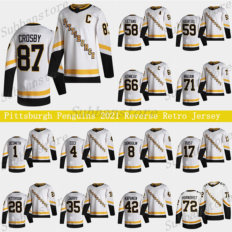 

Pittsburgh Penguins 2021 Reverse Retro Jersey 87 Sidney Crosby 66 Mario Lemieux 71 Evgeni Malkin 58 Letang 59 Jake Guentzel Hockey Jerseys, White