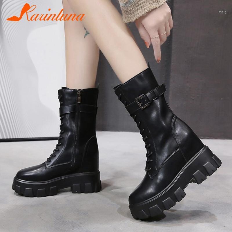 

2021 Dropship On Sale Fashion New shoes women Tire Sole Buckle Straps Round Toe Height Increasing Solid Zip Ankle Boots1, Black
