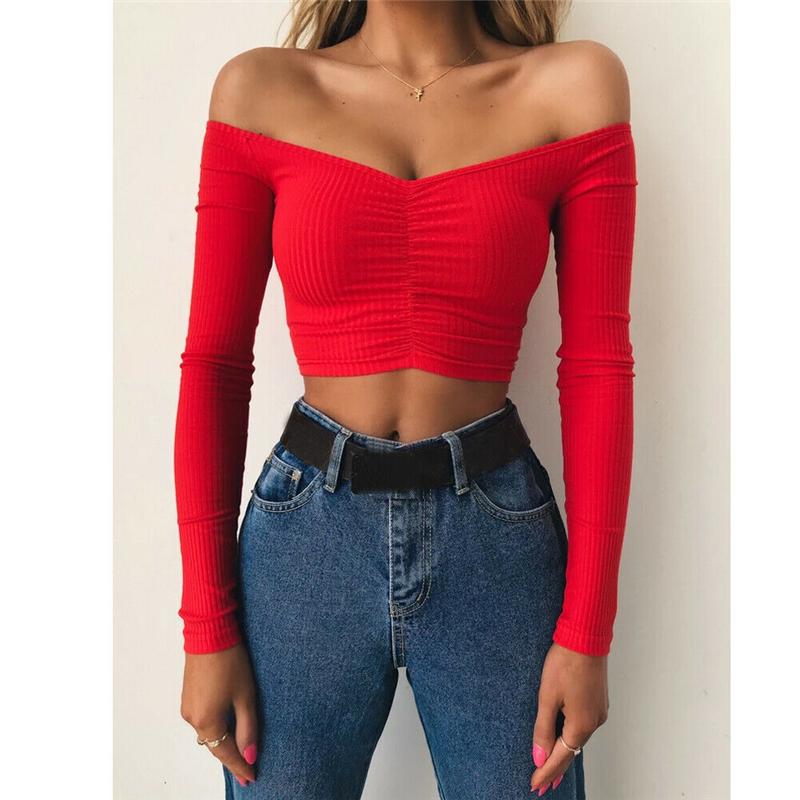 

Women's T-Shirt Fashion Sexy Solid Women Casual Long Sleeve Pullover Slim Autumn Off Shoulder Slash Neck Crop Top, White