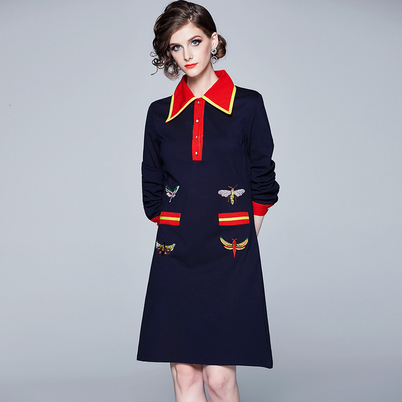 

2021 New Fashion Designer Bees Embroidery Autumn Runway Contrast Color Striped Women Es Lapel Collar Office Lady A-line 4p92, Dark blue