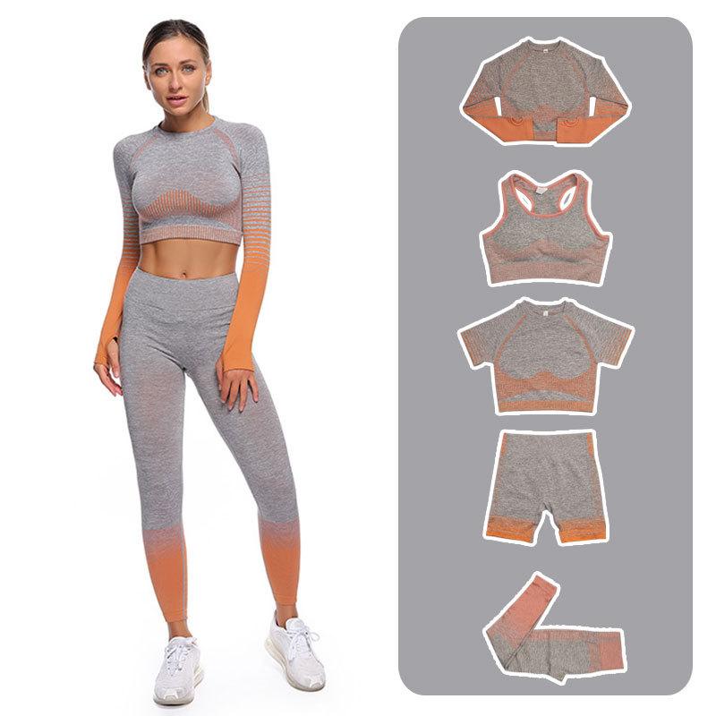 

2/3/5PCS Seamless Women Yoga Set Workout Sportswear Gym Clothing Fitness Long Sleeve Crop Top High Waist Leggings Sports Clothes, As pic