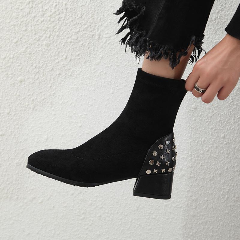 

Stretch Flock Boots Women Sock Ankle Boot Female Square Toe Thick Heels Shoes Ladies Fashion Suede Boots Winter 2021 NEW1, 1 black