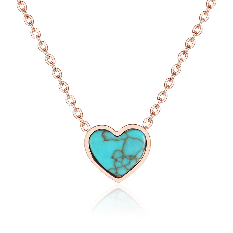 Luxury Design Womens Rose Gold Stainless Steel Chain Necklace Heart Shape Natural Turquoise Necklaces-image-613504327