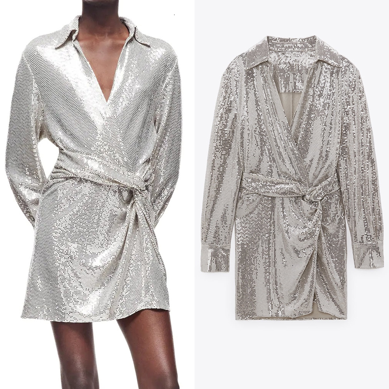

2021 New Shiny Silver Sequin Party Women Vintage Knot Wrap Glitter Long Sleeve Mini Dress Woman Y2k Elegant Dresses Etno