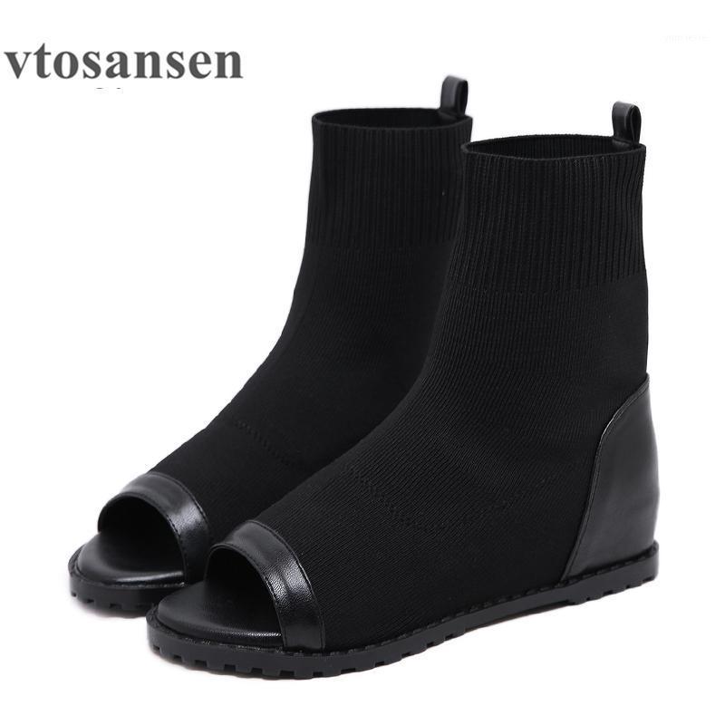 

New2021shoes Summer Boots For Women Stretch Fabric Height Increasing Peep Toe Footwear Woman Shoes Wedges Rome Style Ankle Boots1, Black shoes