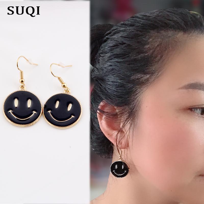 

SUQI Women Golden Enamel Stainless Steel Earrings Girls Korean Trendy Stars Smiling face Earrings Pendant Gift 2020