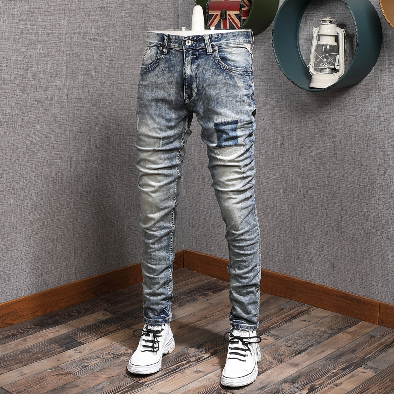 

2021 New Italian Style Fashion Men Jeans High Quality Retro Blue Elastic Slim Fit Cotton Denim Trousers Streetwear Vintage Designer Pants Am