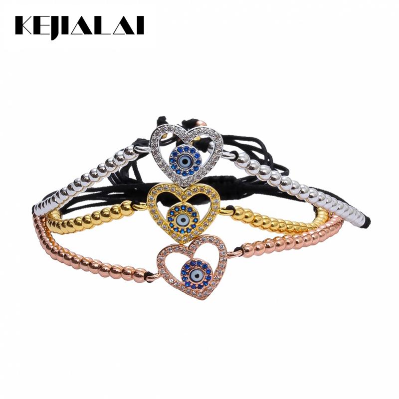 

Fashion Jewelry Evil Eye Heart Charm Bracelet Micro Pave White/Blue CZ 3mm Beads Braided Macrame Bracelet Best Valentine's Gift