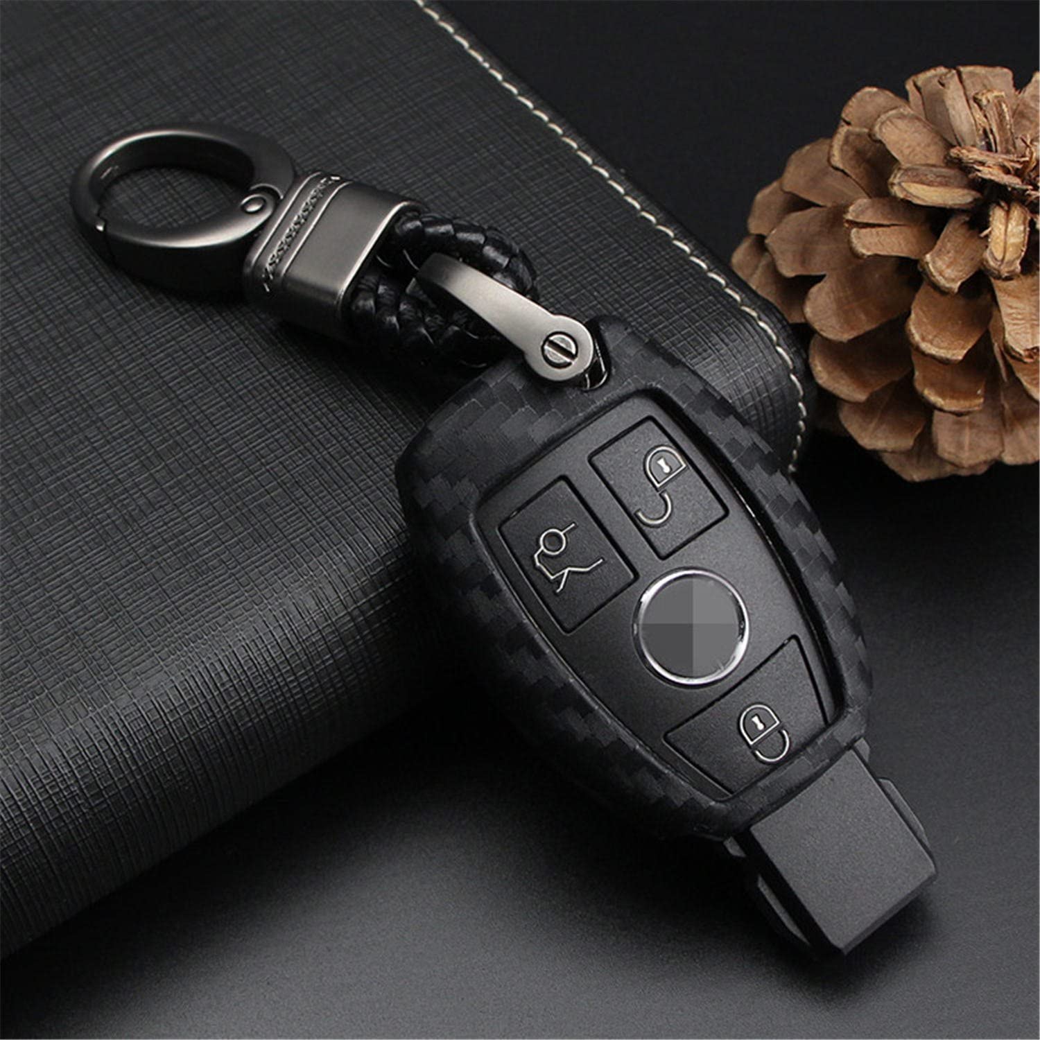 

For Mercedes-Benz Fob, Car Key Fob Case For Mercedes A C E S Class GLK CLA GLA GLC GLE CLS SLK AMG E260l C200l - Black-Weave Keychain