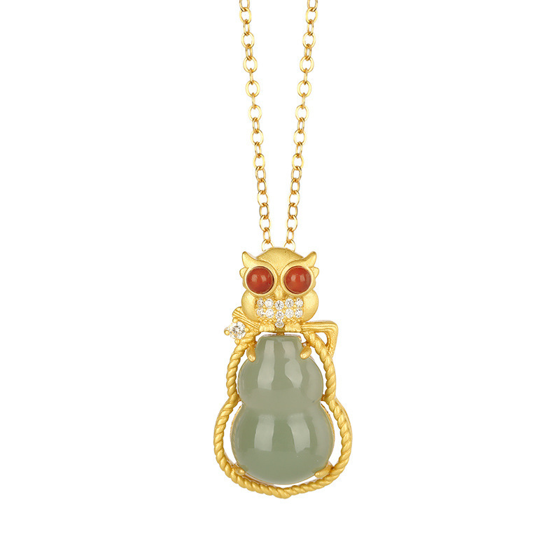 

Silver-plated Gold-encrusted S925 Hetian Legal Gray Jade Pissed Off Southern Gourd Red Monkey Glasses All-match Bush Necklace L320