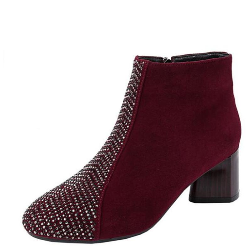 

2020 New Plus Size Rhinestone Frosted Sheepskin Leather Boots Autumn Winter Boots Fashion Wild Thick with High Heels Women, Black winter boots