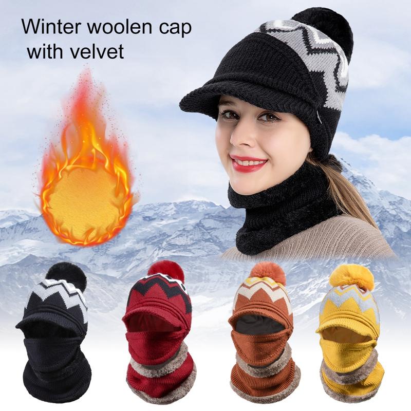

Women Scarf Ball knitted Wool Cap Mask Collar Face Protection Girls Winter Warm Cycling Hat Women Scarf Dustproof 3 piece Set, Ce