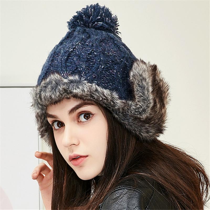 

2020 New Winter Autumn Women Hat Knitted Korean Style Cap Skullies Cap Pompom Gorros Caps Female Fleece Warm Ear Protection Hat, Blue