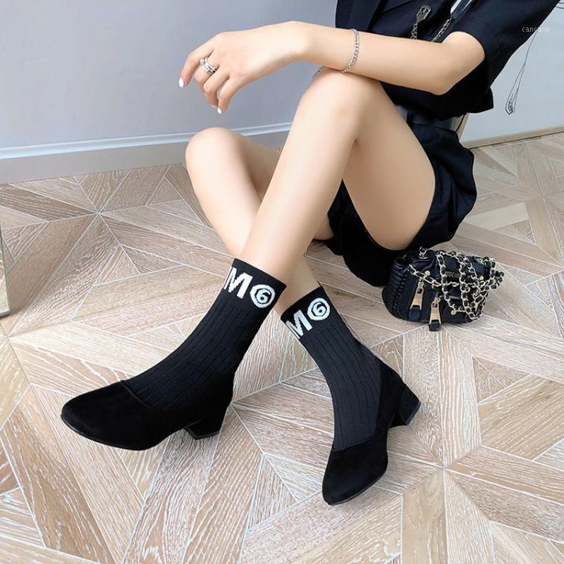 

2021 Spring Fashion Women Boots Black Round Toe Stretch Fabric Ankle Boots Thick Heels Shoes Autumn Winter Female Socks1