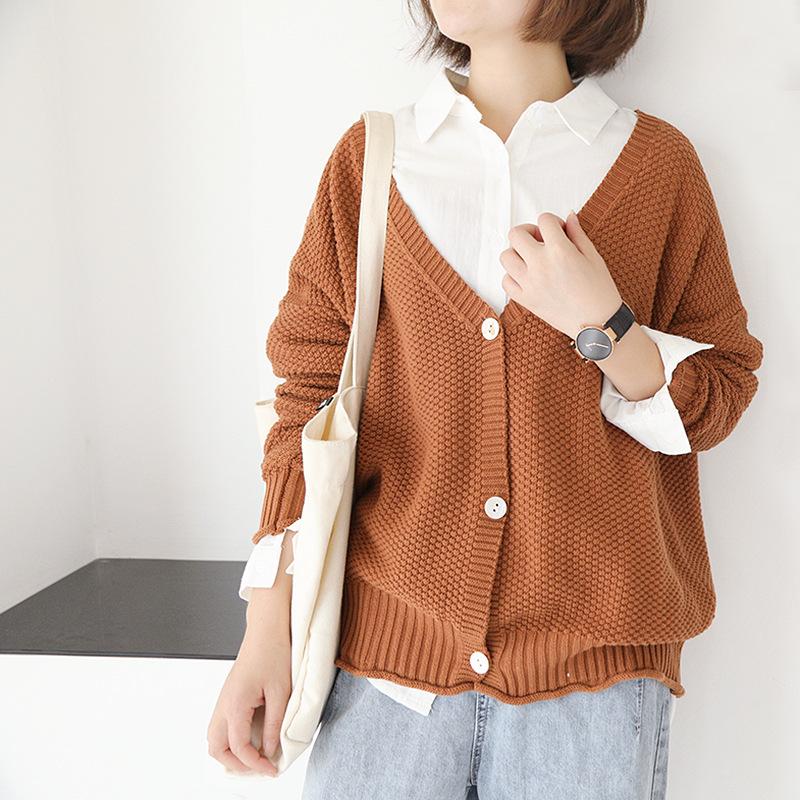 

Johnature Autumn Sweater Single Breasted Knitted Solid Color Cardigan 2020 New Korean V-neck Long Sleeve 4 Color Women Sweater, Beige