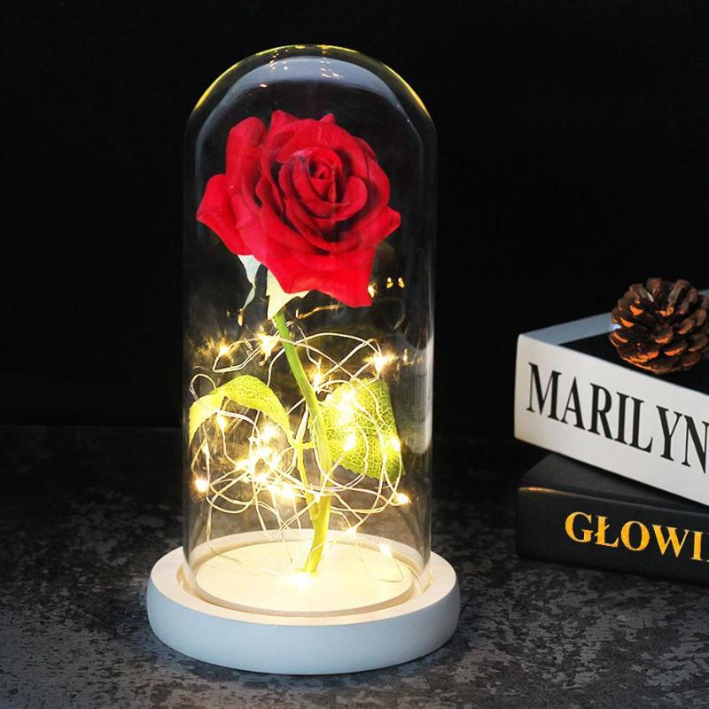 

Dried Flowers Valentines Day Gift Home Decoration Eternal Rose Flower in Glass Dome LED Light Birthday Wedding Gifts, Soap flower