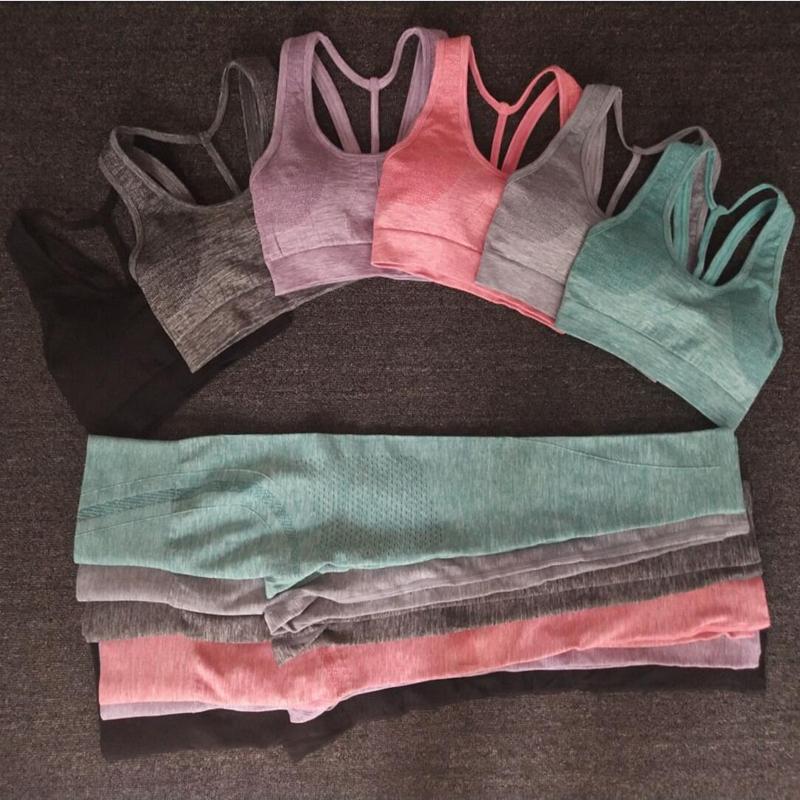 

Newest 2PCS Seamless Yoga Set Women Gym Fitness Clothing High Waist Leggings+Bra Yoga Suit Training Sport workout Sportswear, Light blue set