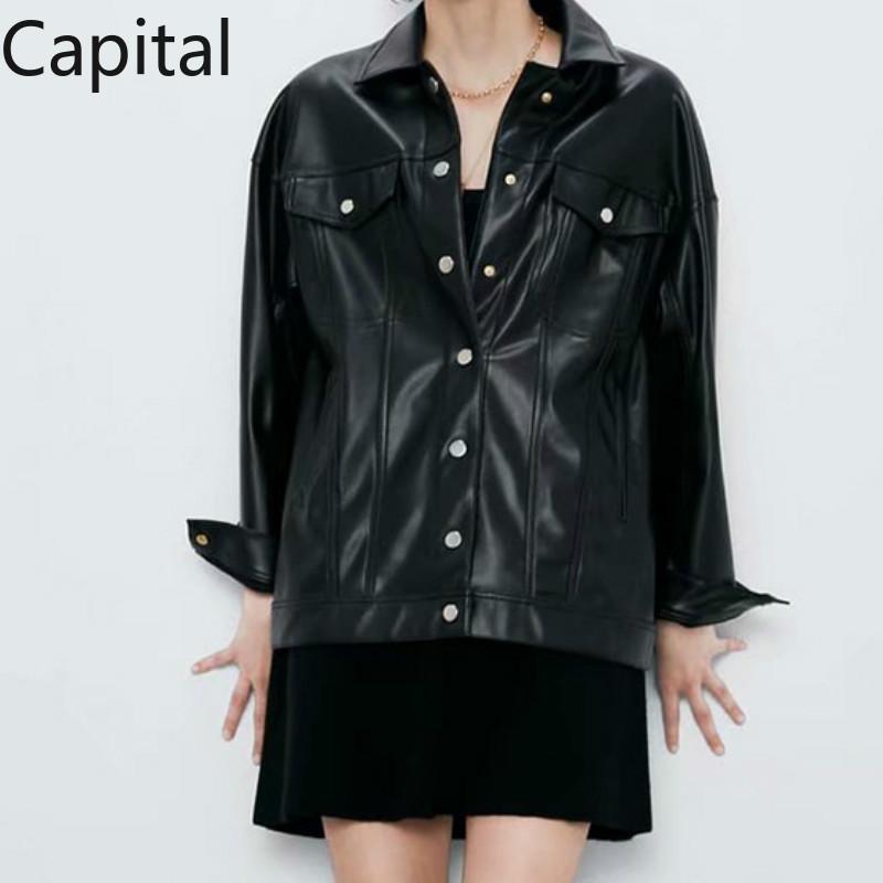 

Women Black PU Leather Jackets Bow Tie Pockets Long Sleeve Split Coats Female Outwear Chic Casual Tops Motorcycle Jacket Button, As pic