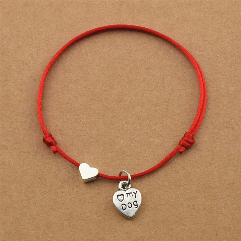 

New Simple Casual Dog's Paw Love My Dog Heart Charm Bracelets Adjustable Red Black Rope Cord Bangles Dogs Lover Jewelry Gifts