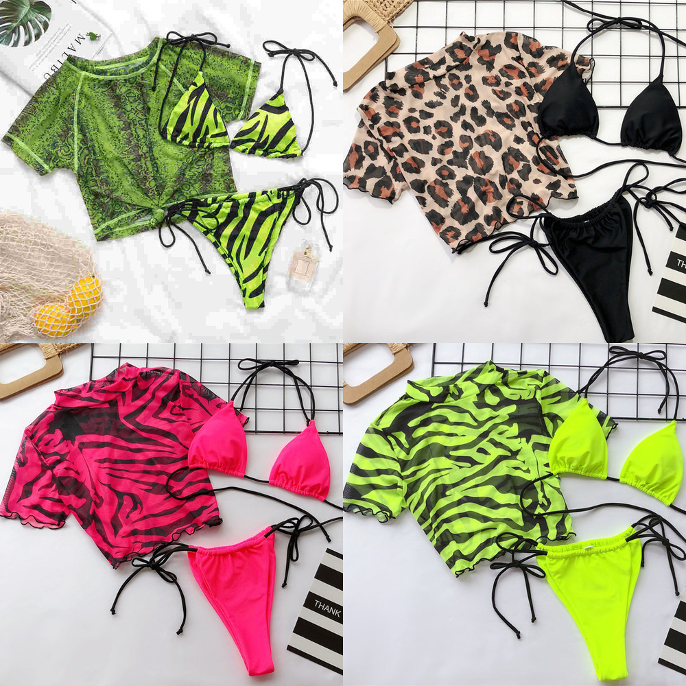 

String bandage bathing suit woman swimsuit female Animal print 3 pieces bikini set 2020 Sexy Neon pink swimwear women biquini Q1222