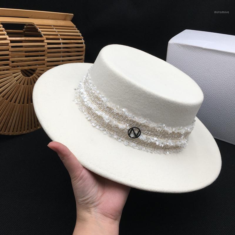 

Europe and the United States the new contracted white flat-roofed hat female celebrities retro elegant joker wool fedoras panama1