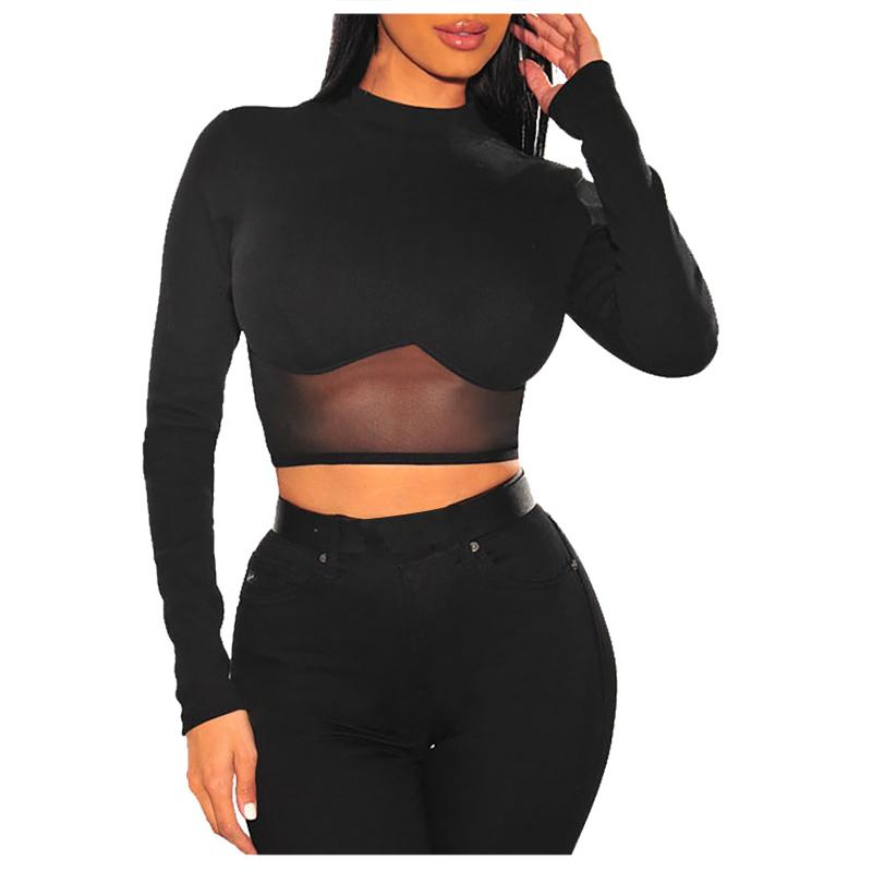 

Women Fashion Patchwork Mesh Sexy Round Neck Long Sleeve Top, Black